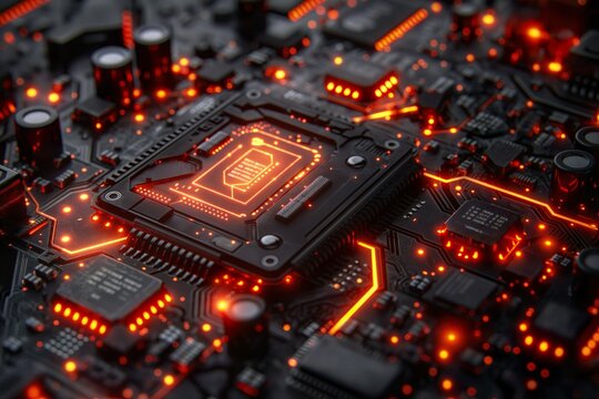 Advanced Circuitry: Glowing Red Neural Network Chipset