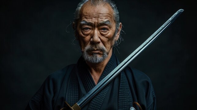Portrait of sensei master with black sensei belt in taekwondo kimono witn sword katana on black background. Traditional samurai hakama kimono.