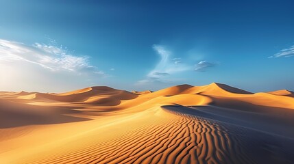 Fototapeta na wymiar A surreal desert landscape with towering sand dunes stretching endlessly under a cloudless, deep blue sky.