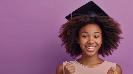 Joyous young woman in graduation attire on a purple background with hands raised in celebration