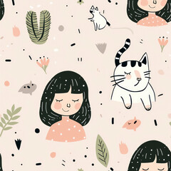 cute cat and cute girl seamless pattern. drawing style