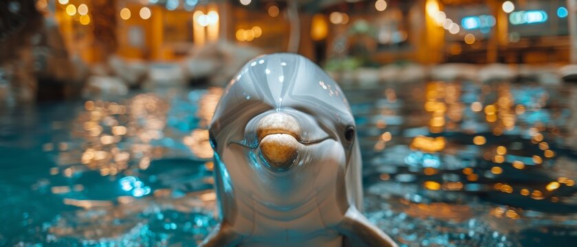 A close-up image of a statue of a dolphin holding a ball in its mouth, set against a backdrop of a building