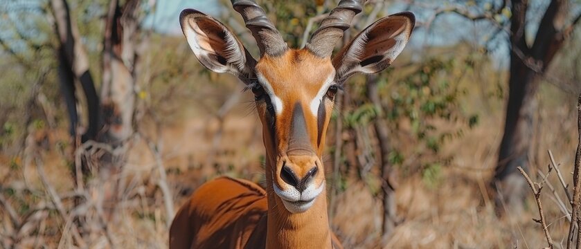  A picture of a gazelle, close-up and surrounded by trees in the backdrop while the grass dominates the frontal view