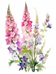 Watercolor foxglove clipart with tall spires of colorful flowers