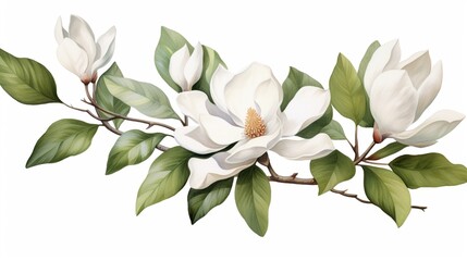Watercolor magnolia clipart with large white petals and green leaves - obrazy, fototapety, plakaty