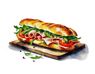白い画用紙に描いたハムと野菜のバゲットサンドイッチのイラスト