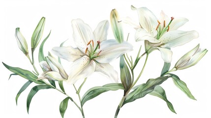 Fototapeta na wymiar Watercolor lily clipart with elegant white petals and green stems