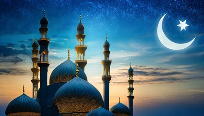 mosque at sunset.a vibrant Eid al-Fitr card featuring the silhouette of mosques' domes set against a tranquil blue sky adorned with a crescent moon. The composition celebrates the joyous occasion of E - obrazy, fototapety, plakaty