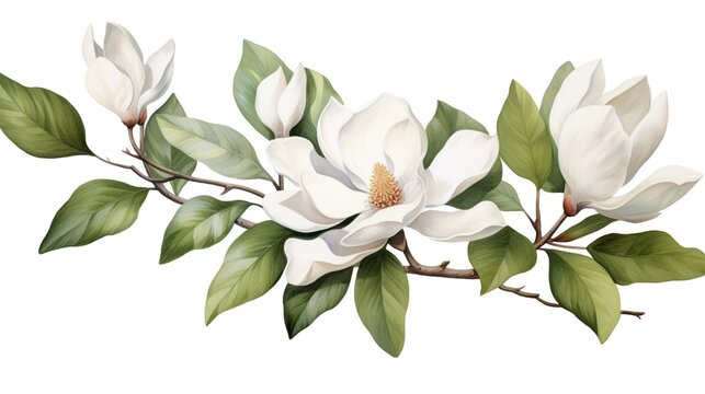 Watercolor magnolia clipart with large white petals and green leaves
