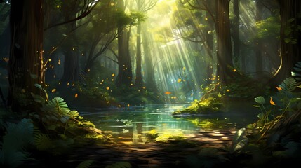 A sunlit glade in the heart of the forest, with rays of light filtering through the leaves and illuminating the emerald surroundings.