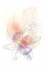 Fototapeta na wymiar Abstract minimalistic scandinavian botanical art with warm color tones. A delicate composition of floral and foliage elements intertwined with abstract warm colored shapes and subtle brushstrokes