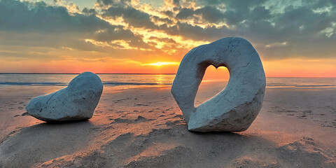 At the beach, a heart-shaped stone lies on the golden sand.