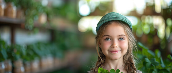 Young girl with blue top holding a bunch of clovers in a garden center.  St Patrick's Day
