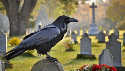 A raven in a cemetery