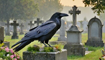 A raven in a cemetery - obrazy, fototapety, plakaty