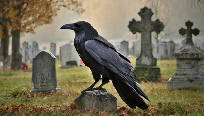 A raven in a cemetery - obrazy, fototapety, plakaty