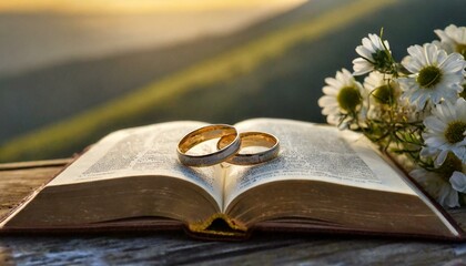 The Holy Bible with two wedding rings