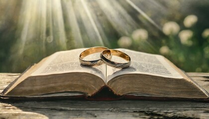 The Holy Bible with two wedding rings - obrazy, fototapety, plakaty