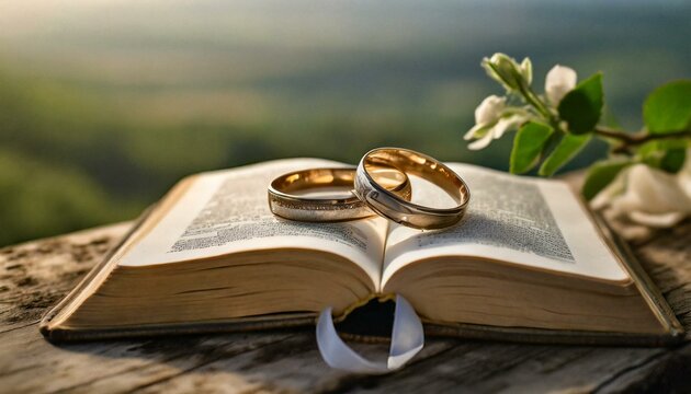 The Holy Bible with two wedding rings