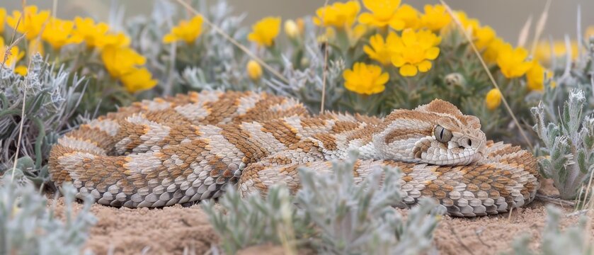  A photo of a snake coiled atop a rock, surrounded by green grass and vibrant yellow blossoms