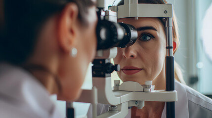 Optometrist using phoropter during eye exam on female patient.