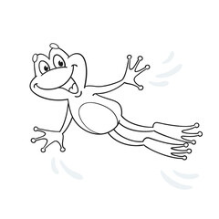 Little funny frog is jumping. Black and white picture for coloring book. Isolated on white background.
