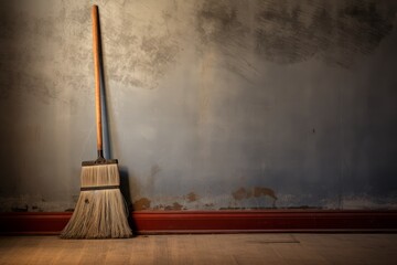 A broom is seen leaning against a wall in a room, with the handle resting on the floor. The broom appears to be waiting to be used for cleaning purposes