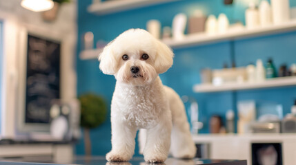 Cute white Bichon Frise dog standing on countertop in a modern blue-toned kitchen interior, looking at the camera with a groomed coat - obrazy, fototapety, plakaty