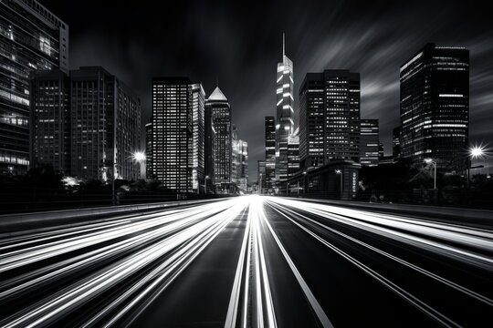 Fototapeta The black and white cityscape photo captures the vibrant glow of city lights against the dark night sky. Skyscrapers, streets, and buildings create a stark contrast in the urban landscape
