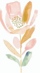 Abstract minimalistic scandinavian botanical art with warm color tones. A delicate composition of floral and foliage elements intertwined with abstract warm colored shapes and subtle brushstrokes