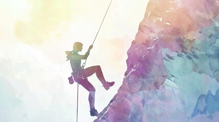 a woman is rock climbing on a rock. watercolor painting.