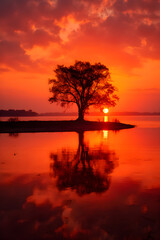 Fototapeta na wymiar Fiery Horizons: A Mesmerising Blend of Sunrise and Sunset Colors Reflecting on a Calm Water Body