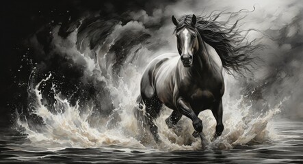 Art of horse in vortex, black and white color - obrazy, fototapety, plakaty