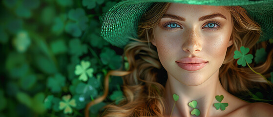 A captivating woman's close-up portrait featuring her green hat with a backdrop of clover leaves.  St Patrick's Day