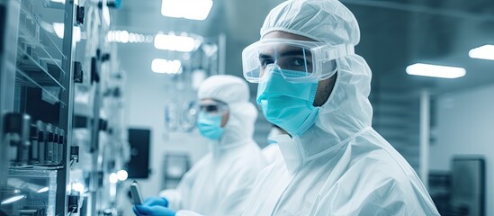 Two scientists wearing personal protective equipment are working in a clean room, using machines and conducting scientific experiments. They have on protective suits, masks, and eye protection