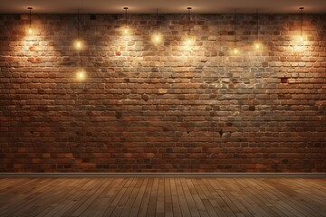 Room with brick wall and tan lights background - obrazy, fototapety, plakaty