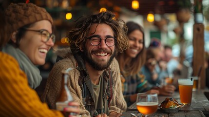 Group of Friends Enjoying Drinks and Laughter at a Bar - obrazy, fototapety, plakaty