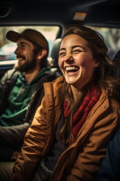 A carpooling group sharing laughs and stories during their daily commute to work, fostering camaraderie on the road