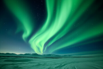 Green Northern Lights at night over the ice at the North Pole.