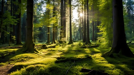 A sun-dappled forest with tall, majestic trees and a carpet of vibrant green moss covering the ground.