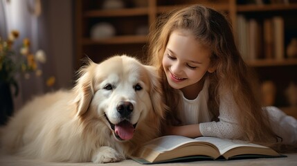 Little Girl Reading a Book to a Dog - obrazy, fototapety, plakaty