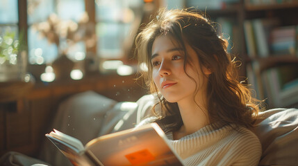 Thoughtful Woman Reading by the Window Light