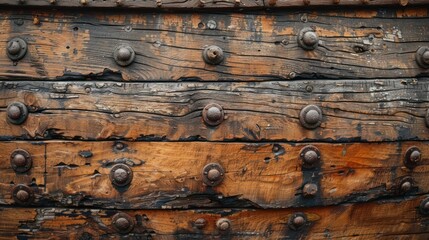 Obraz premium Textured Wooden Ship Planking with Iron Rivets The richly textured planking of a wooden ship, studded with iron rivets, displays the beautiful patina of weathering and time.