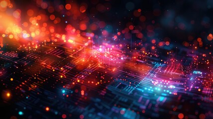 Fototapeta premium Vibrant digital network abstract technology background - A colorful abstract background depicting a vibrant digital network with dynamic patterns