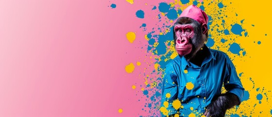  A monkey wearing a blue shirt with a pink hat on its head