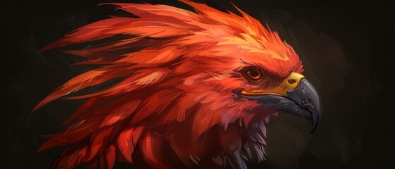 Fototapeta premium Close-up of red bird with yellow beak and orange feathers on head against black background