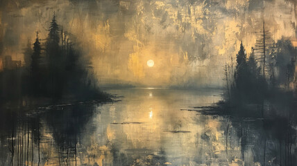 morning mist over the river ,gravure painting 