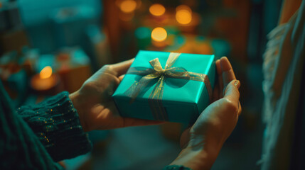 Two individuals share gifts and a blue box, their soft edges and blurred details contrasting with...