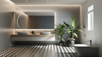 Fototapeta na wymiar A contemporary bathroom design with a statement-making geometric tiled floor, a floating vanity, and LED lighting for a futuristic touch