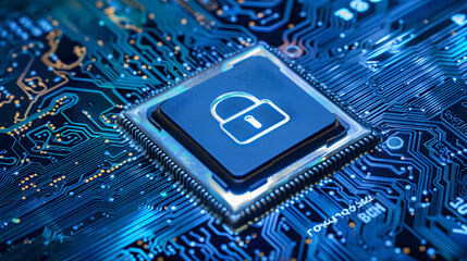 Blue circuit board closeup connected to a cpu with a glowing padlock symbol on top cybersecurity concept